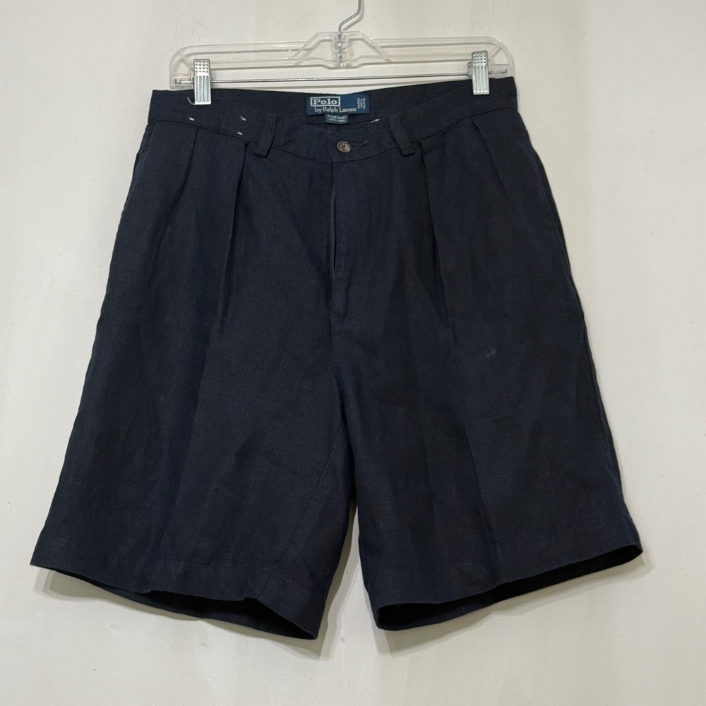 VTG Polo Ralph Lauren Tyler Mens 30 Navy Blue 100% Linen Pleated Chino Shorts